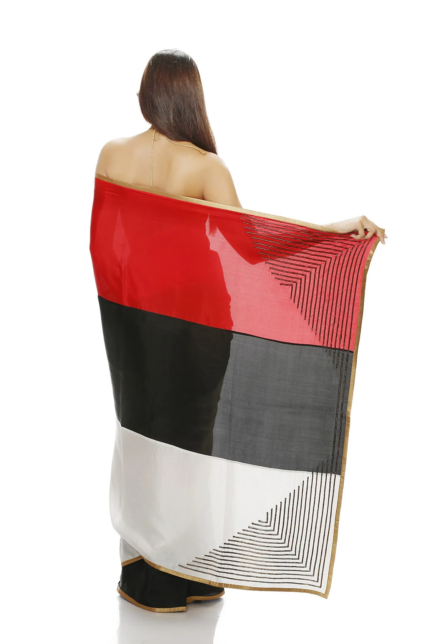 RED BLACK AND WHITE SILK SAREE WITH EMBROIDERY