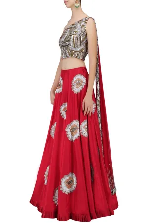Red Color Lehenga with One Shoulder Blouse