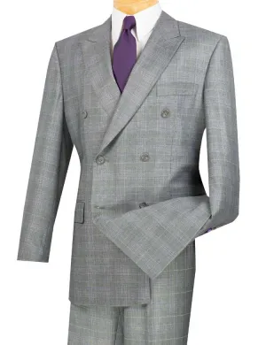 Regular Fit Double Breasted Glen Plaid 2 Piece Suit (Gray) DRW-1