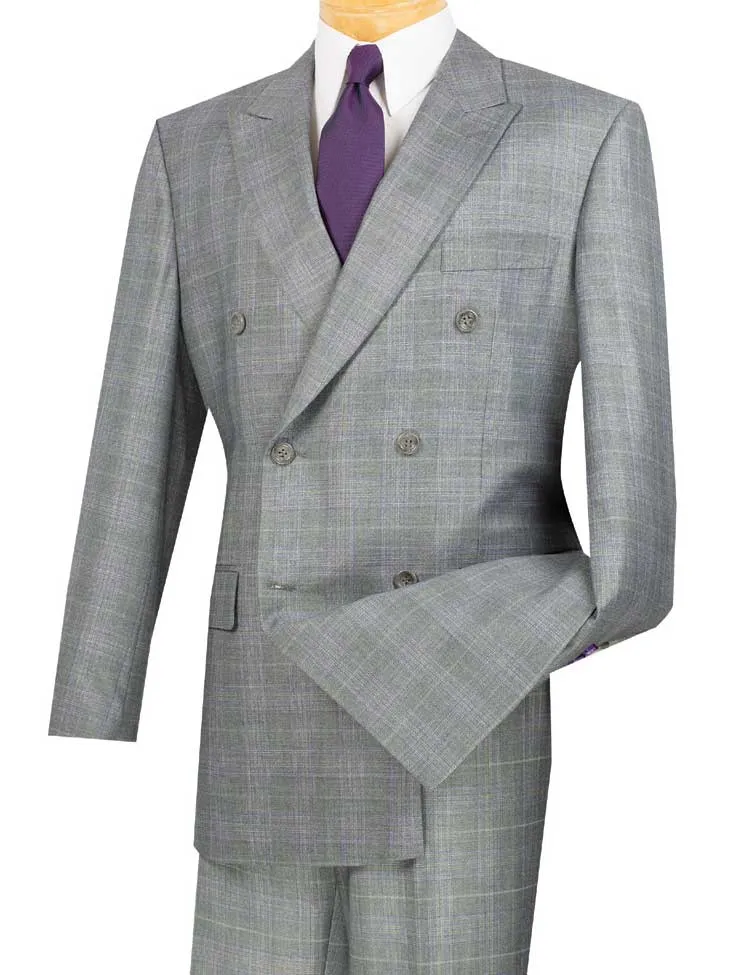 Regular Fit Double Breasted Glen Plaid 2 Piece Suit (Gray) DRW-1
