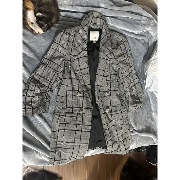 River Island Black White Plaid Blazer Jacket w/Sequins Ruched Sleeve Size 6  N20