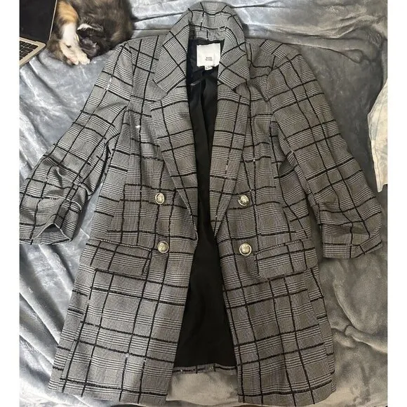 River Island Black White Plaid Blazer Jacket w/Sequins Ruched Sleeve Size 6  N20