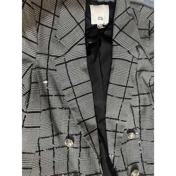 River Island Black White Plaid Blazer Jacket w/Sequins Ruched Sleeve Size 6  N20