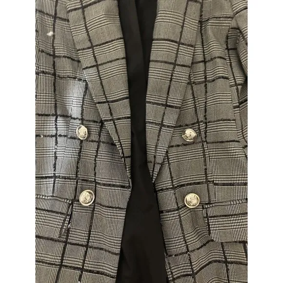 River Island Black White Plaid Blazer Jacket w/Sequins Ruched Sleeve Size 6  N20