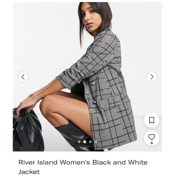 River Island Black White Plaid Blazer Jacket w/Sequins Ruched Sleeve Size 6  N20