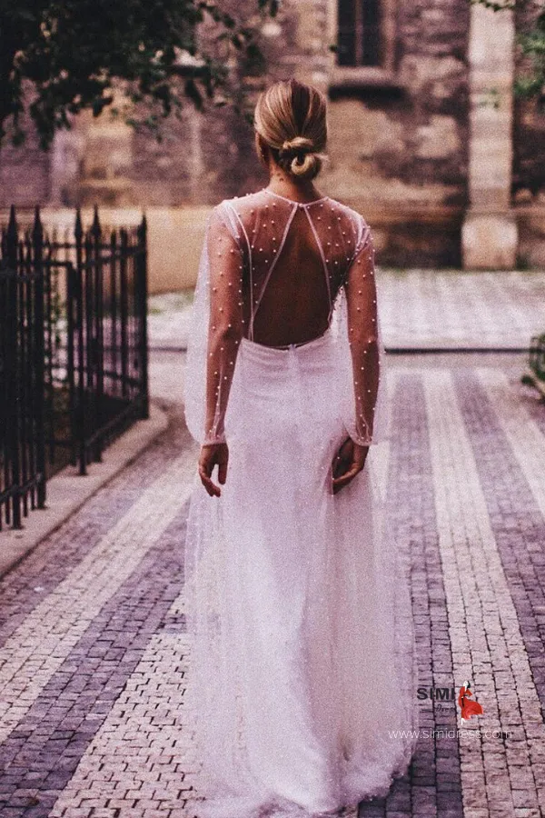 Romantic Tulle Pearls Long Sleeves See Through Boho Wedding Dresses, SW342