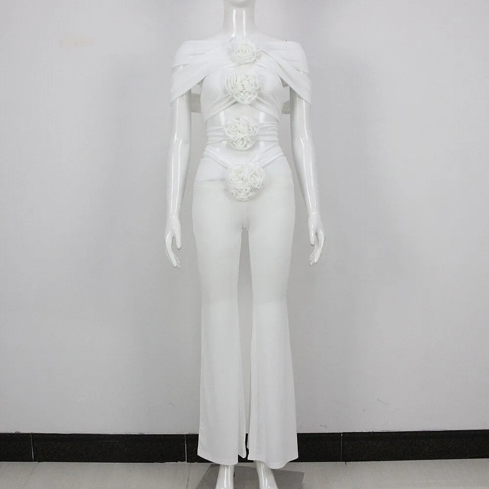 Rose Flower Crop Top Off Shoulder Sleeveless & Pants
