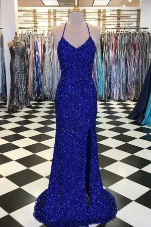 Royal Blue Sequins Sheath V-neck Sweep Train Prom Dress, Evening Gown, MP632