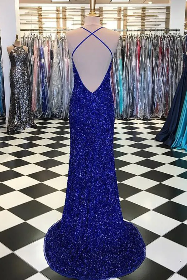 Royal Blue Sequins Sheath V-neck Sweep Train Prom Dress, Evening Gown, MP632