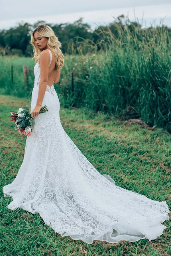 Roycebridal Beautiful Lace Sheath V Neck Wedding Dress, Bridal Dress With Train, MW528