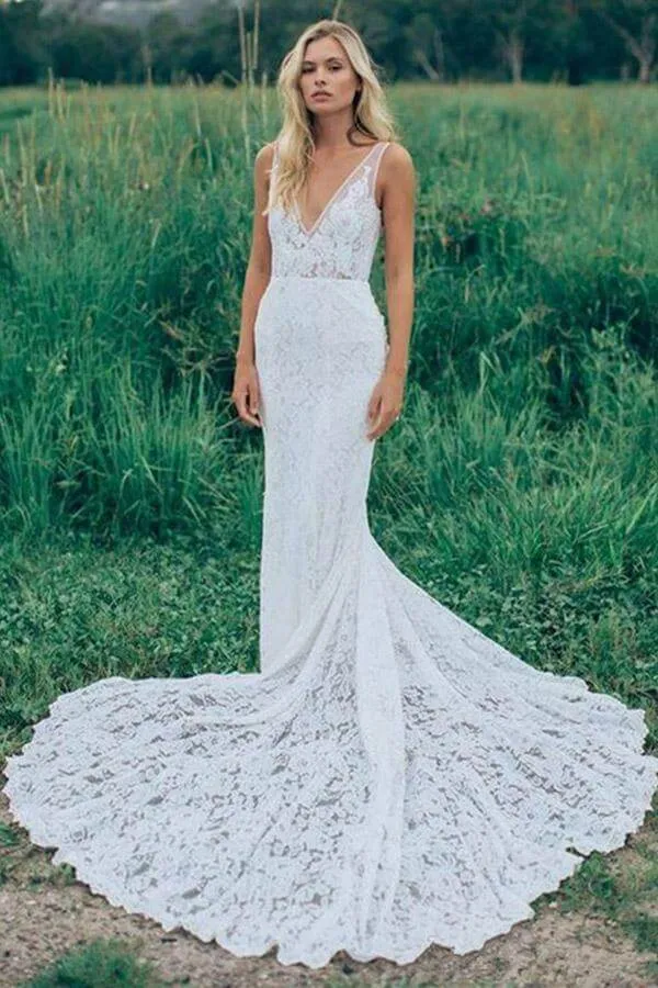 Roycebridal Beautiful Lace Sheath V Neck Wedding Dress, Bridal Dress With Train, MW528