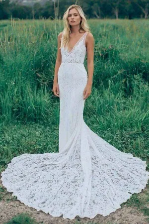 Roycebridal Beautiful Lace Sheath V Neck Wedding Dress, Bridal Dress With Train, MW528