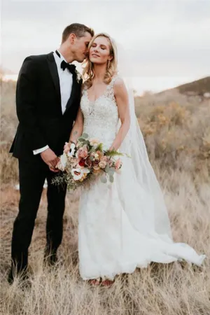 Roycebridal Sheath Beaded V-neck Backless Lace Wedding Dresses, Wedding Gowns, MW704