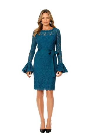 Ruffle-Sleeve Lace Dress in Azure