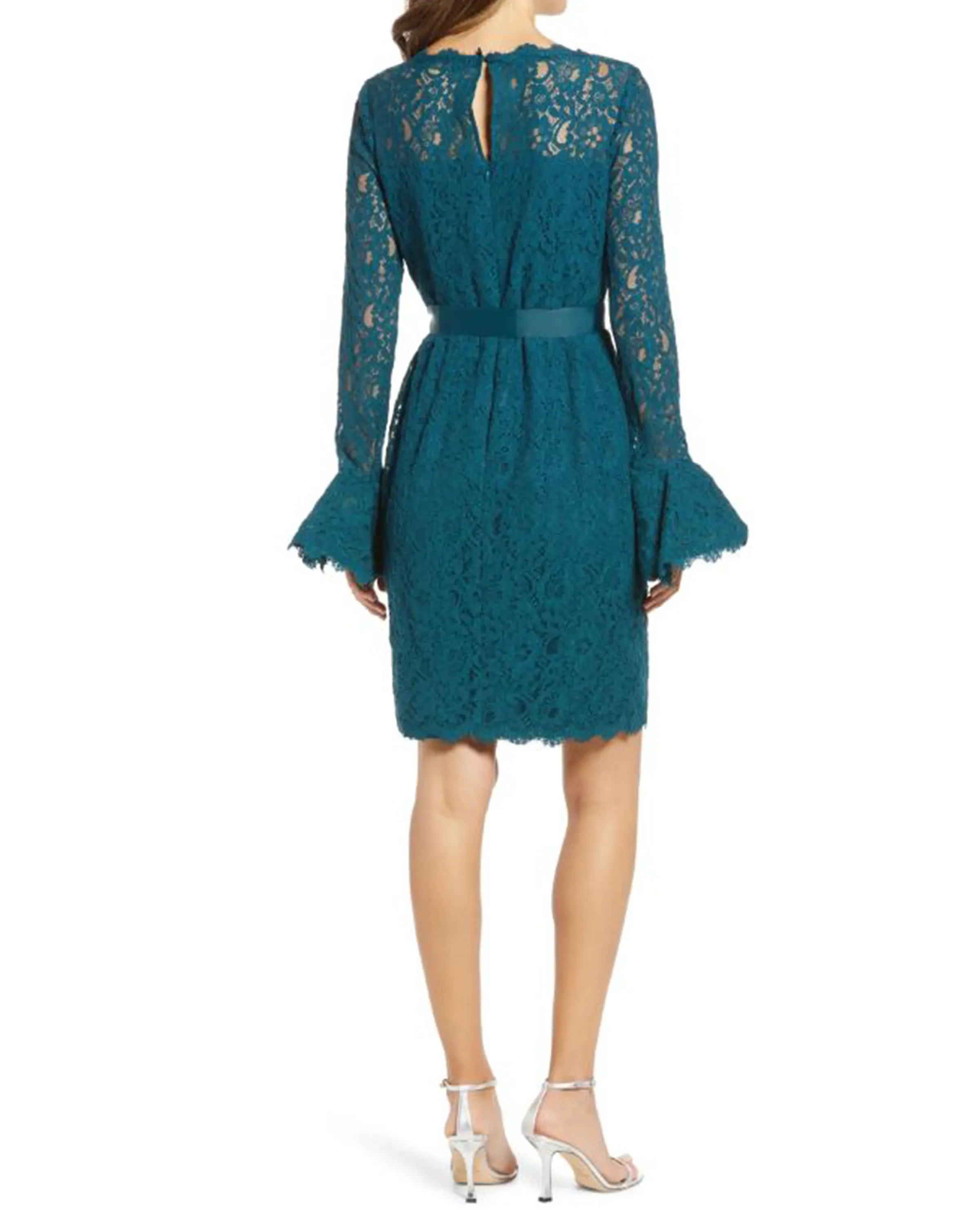 Ruffle-Sleeve Lace Dress in Azure