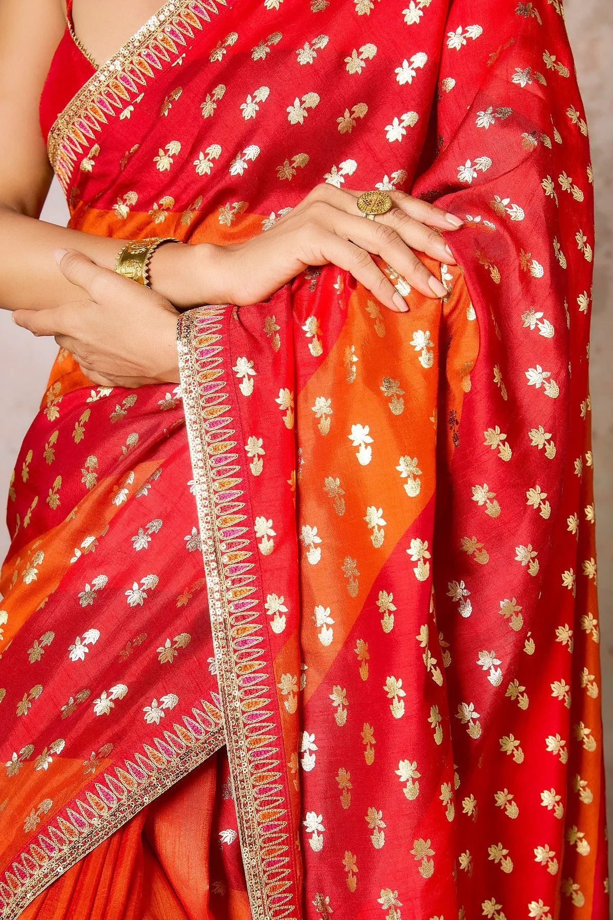 Rust Stripe Foil Saree