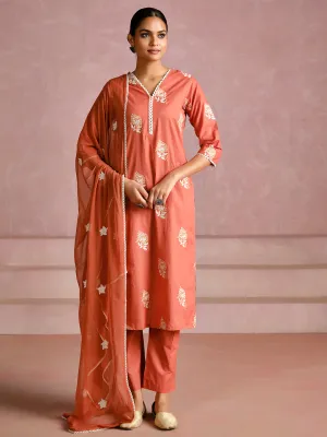 Rust Thread Embroidered Cotton Kurta Set With Dupatta