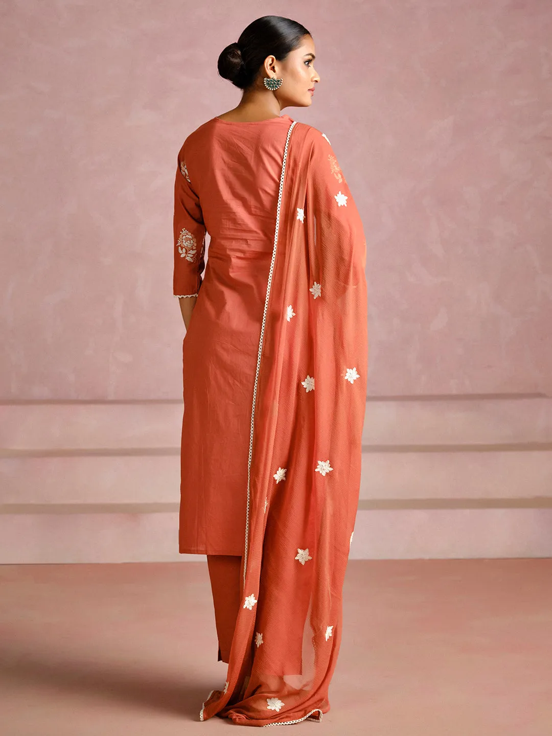 Rust Thread Embroidered Cotton Kurta Set With Dupatta