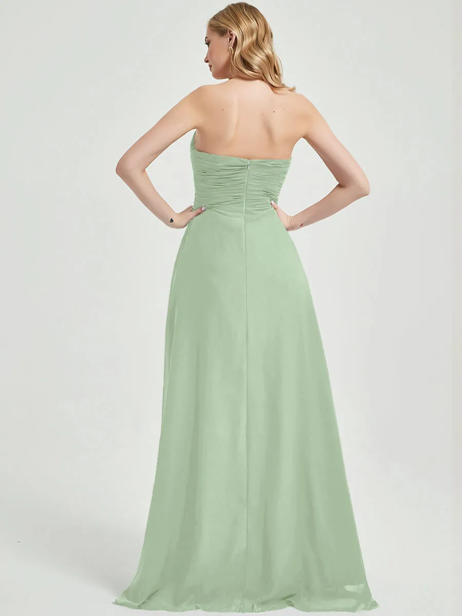Sage Green Strapless Floor-Length A-Line Bridesmaid Dress with Slit
