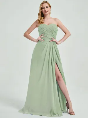Sage Green Strapless Floor-Length A-Line Bridesmaid Dress with Slit
