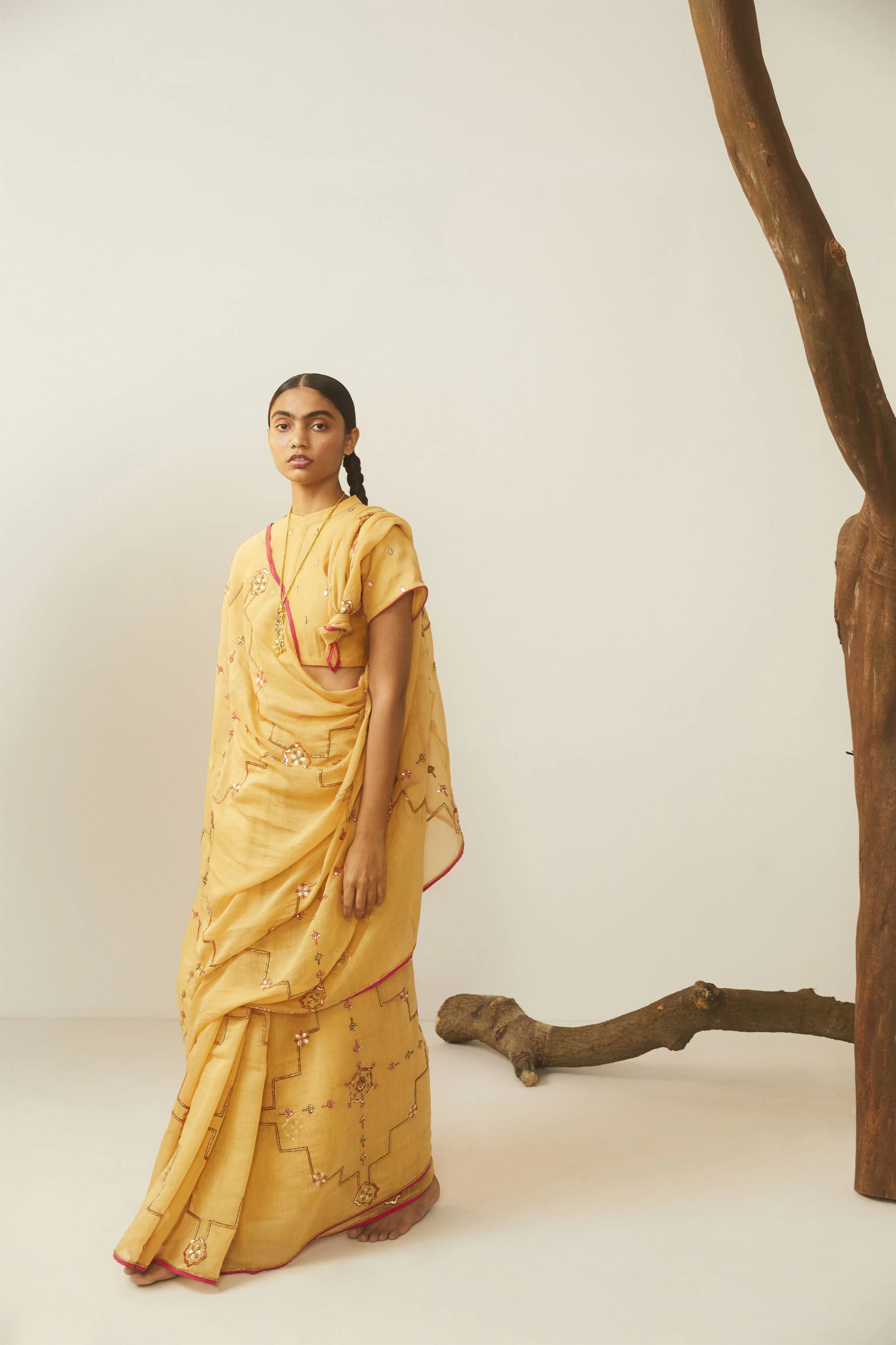 Sarang Kaur Don River Mustard Bareeki saree Chanderi silk Blouse piece Chanderi silk Bareeki SK01296