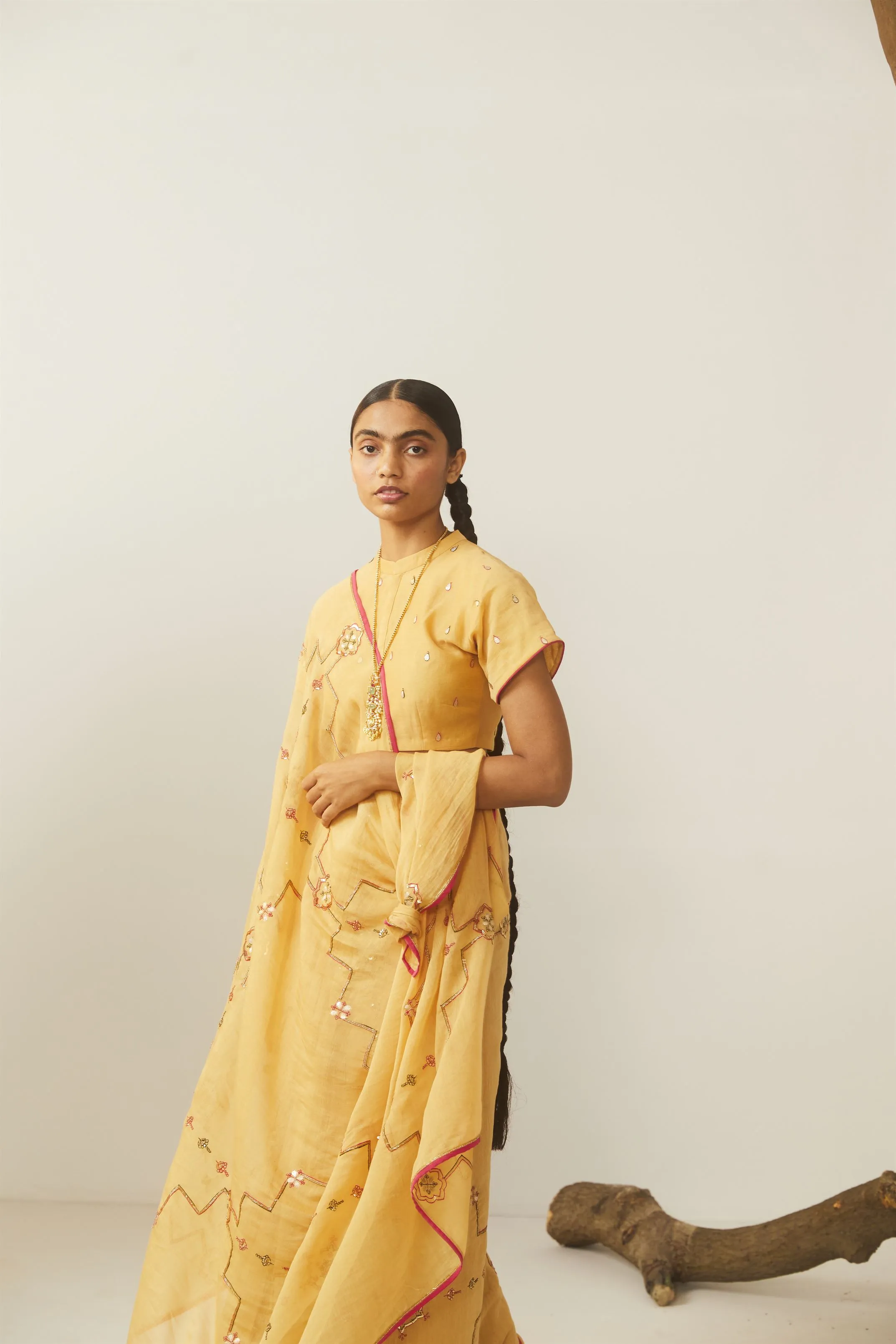 Sarang Kaur Don River Mustard Bareeki saree Chanderi silk Blouse piece Chanderi silk Bareeki SK01296