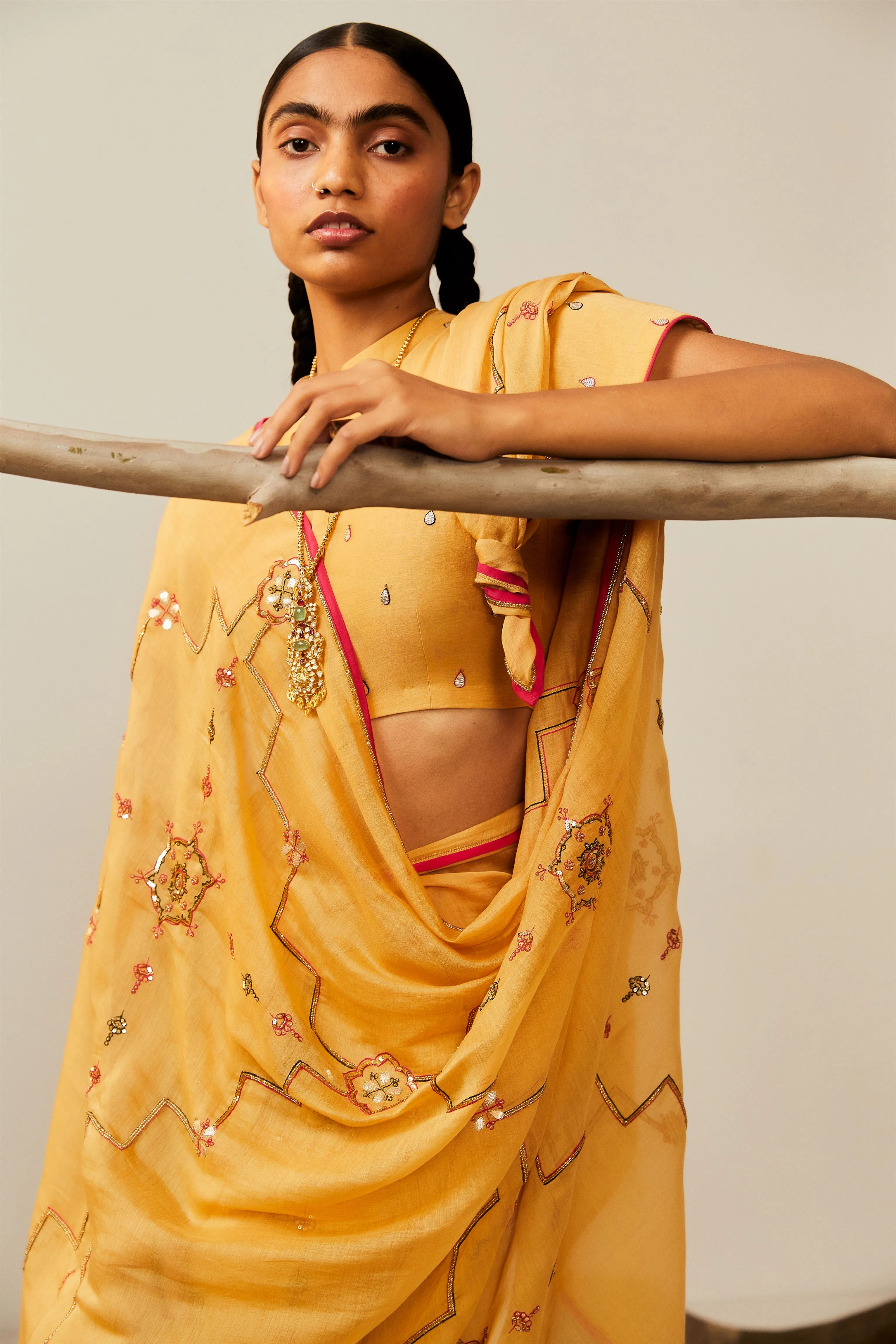 Sarang Kaur Don River Mustard Bareeki saree Chanderi silk Blouse piece Chanderi silk Bareeki SK01296