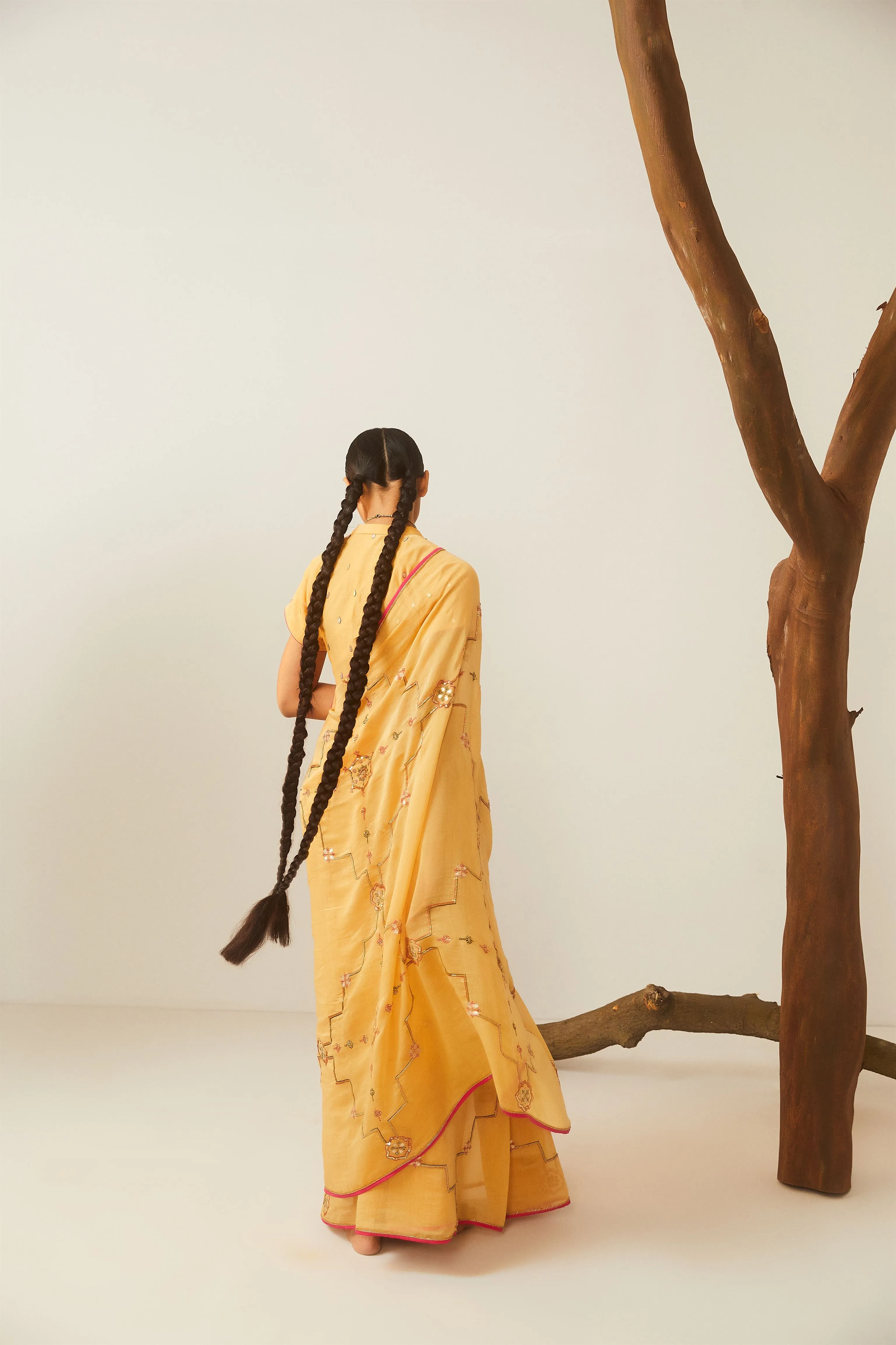 Sarang Kaur Don River Mustard Bareeki saree Chanderi silk Blouse piece Chanderi silk Bareeki SK01296