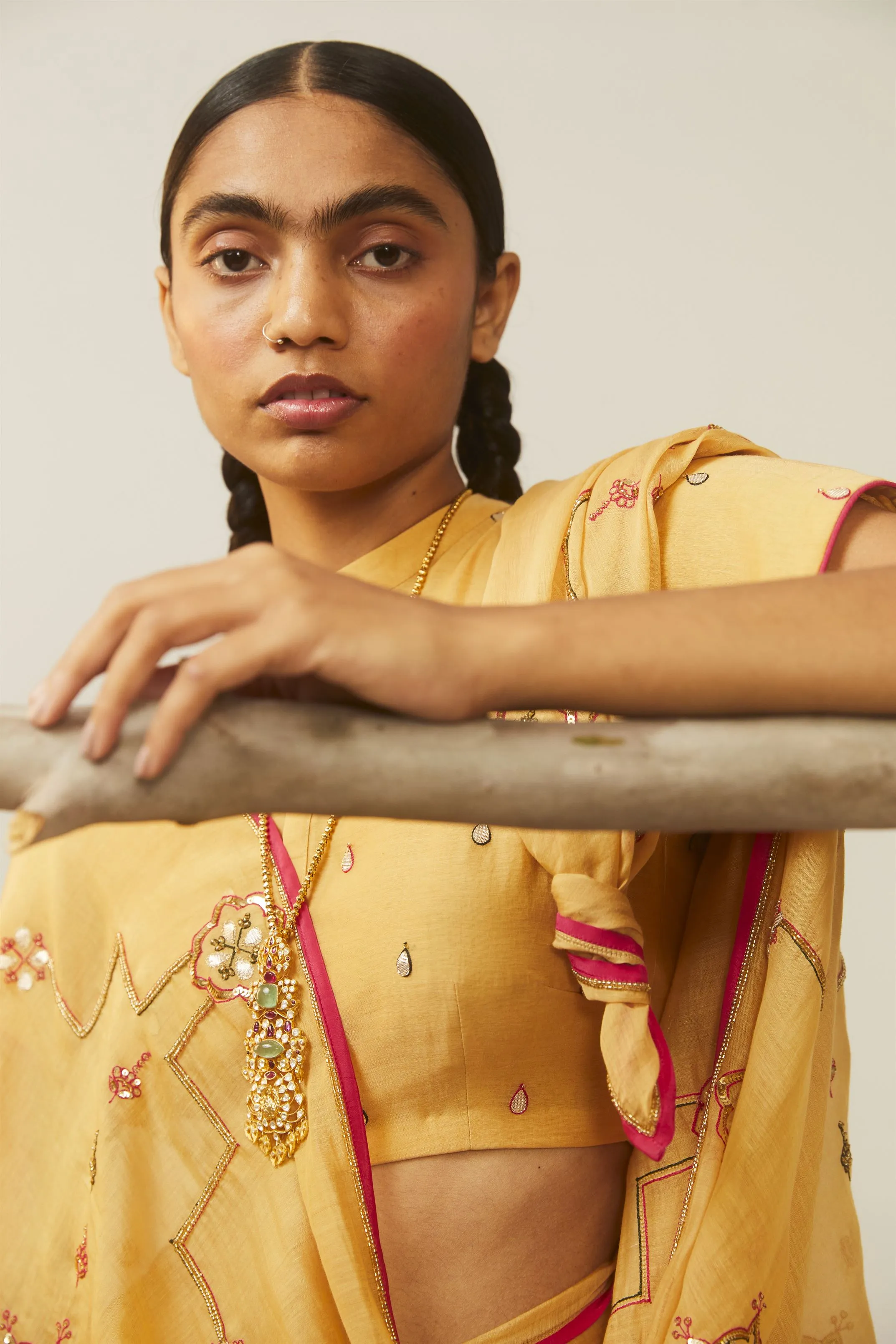 Sarang Kaur Don River Mustard Bareeki saree Chanderi silk Blouse piece Chanderi silk Bareeki SK01296