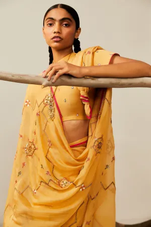 Sarang Kaur Don River Mustard Bareeki saree Chanderi silk Blouse piece Chanderi silk Bareeki SK01296