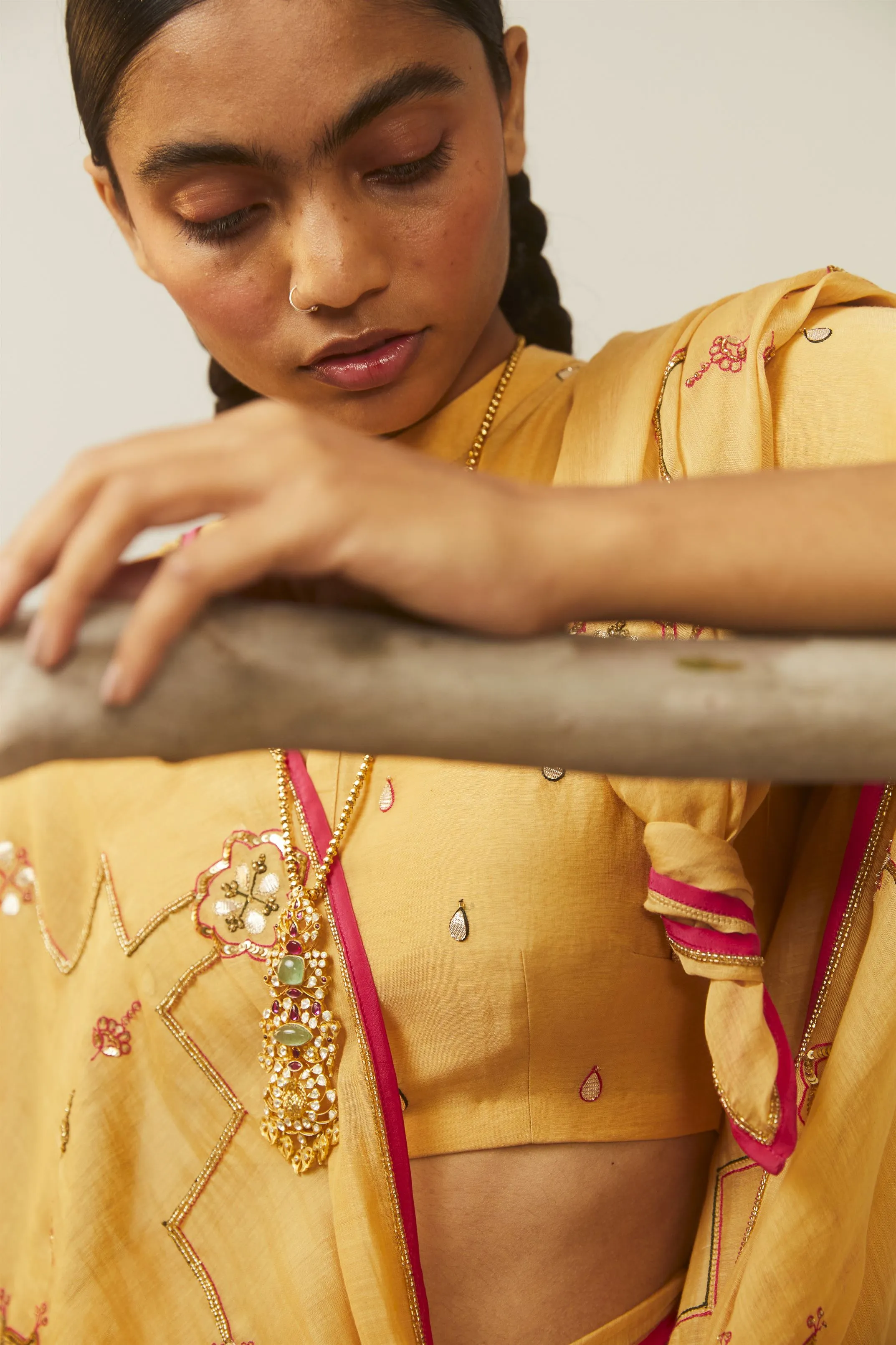 Sarang Kaur Don River Mustard Bareeki saree Chanderi silk Blouse piece Chanderi silk Bareeki SK01296