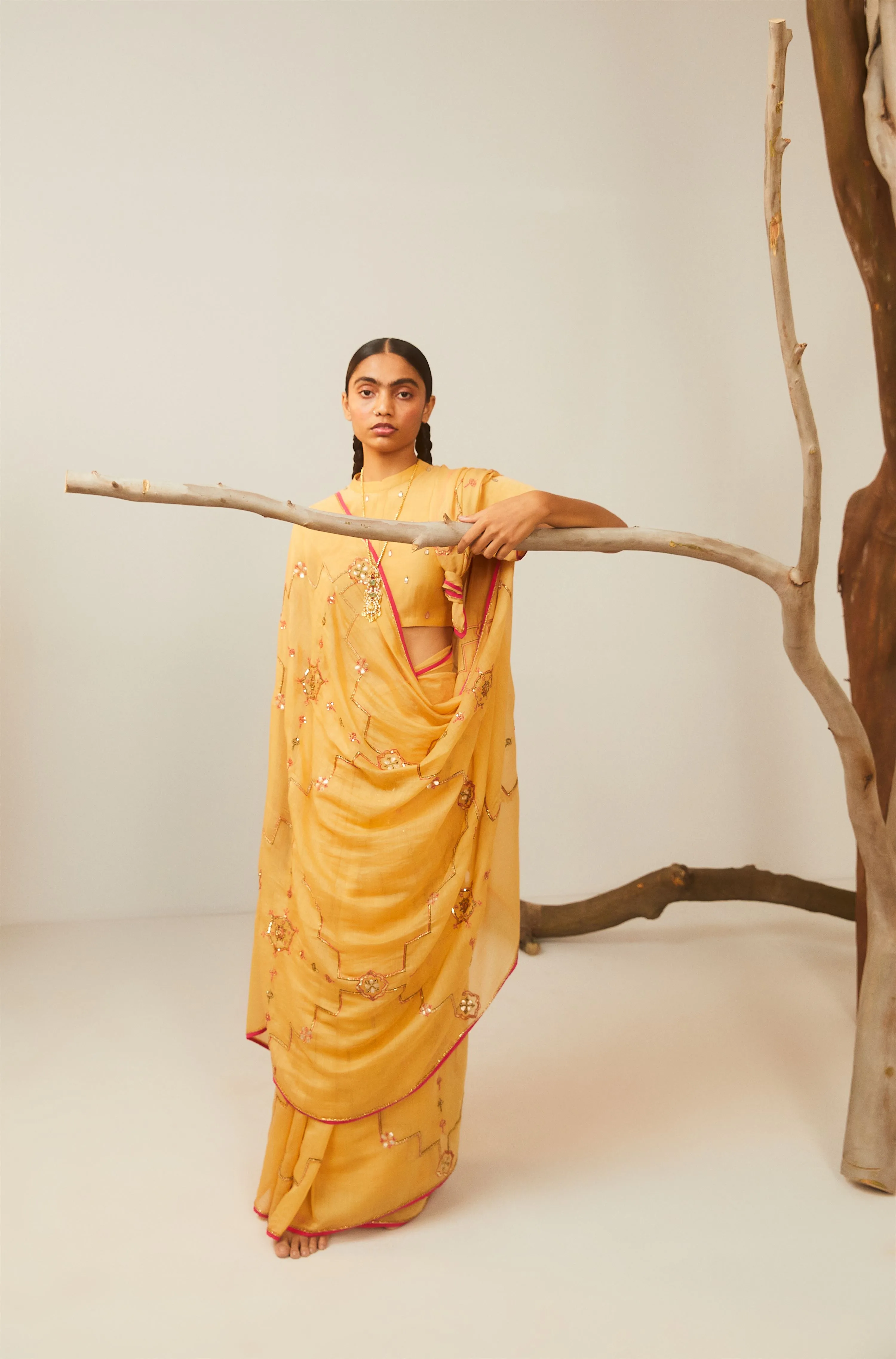 Sarang Kaur Don River Mustard Bareeki saree Chanderi silk Blouse piece Chanderi silk Bareeki SK01296