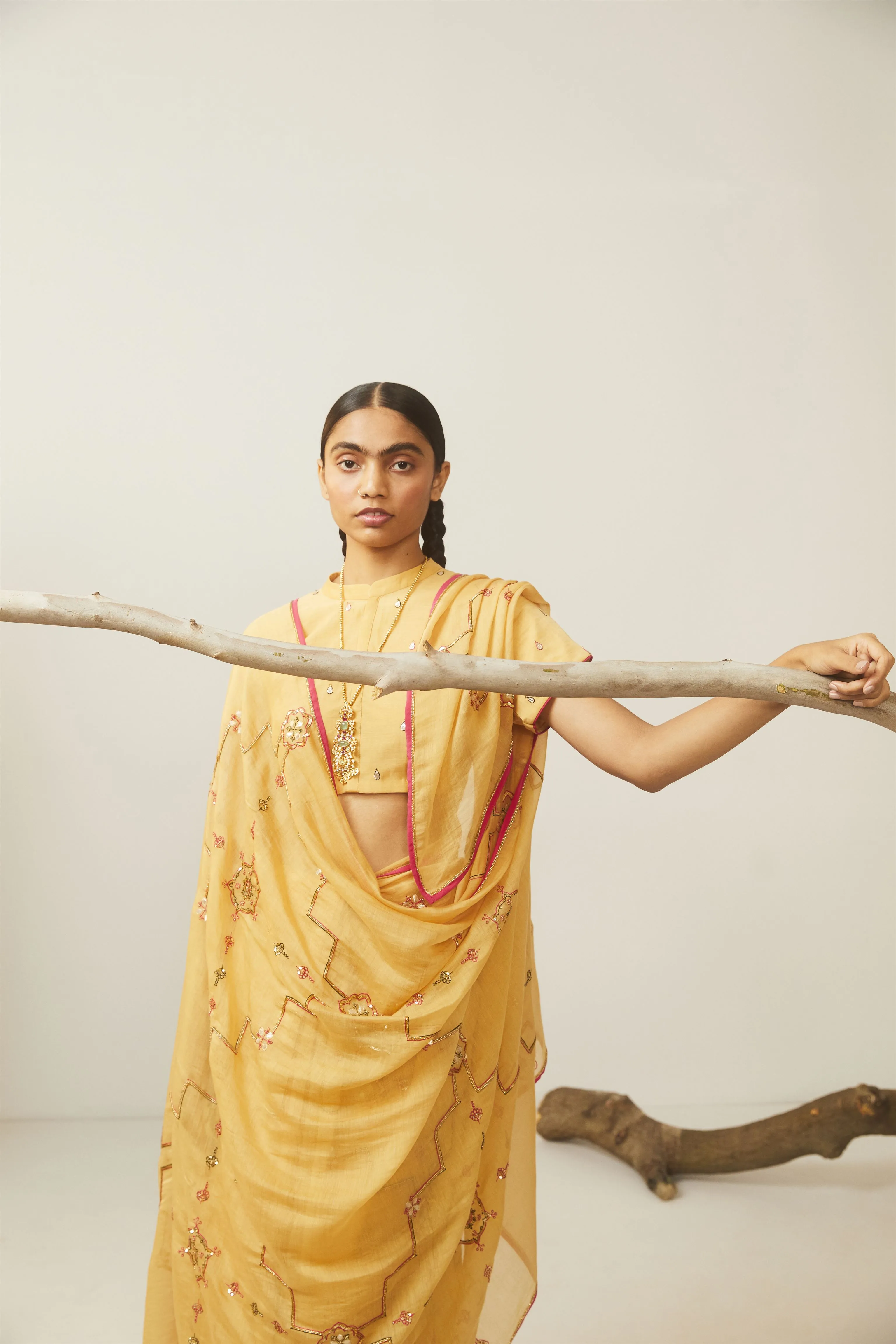 Sarang Kaur Don River Mustard Bareeki saree Chanderi silk Blouse piece Chanderi silk Bareeki SK01296