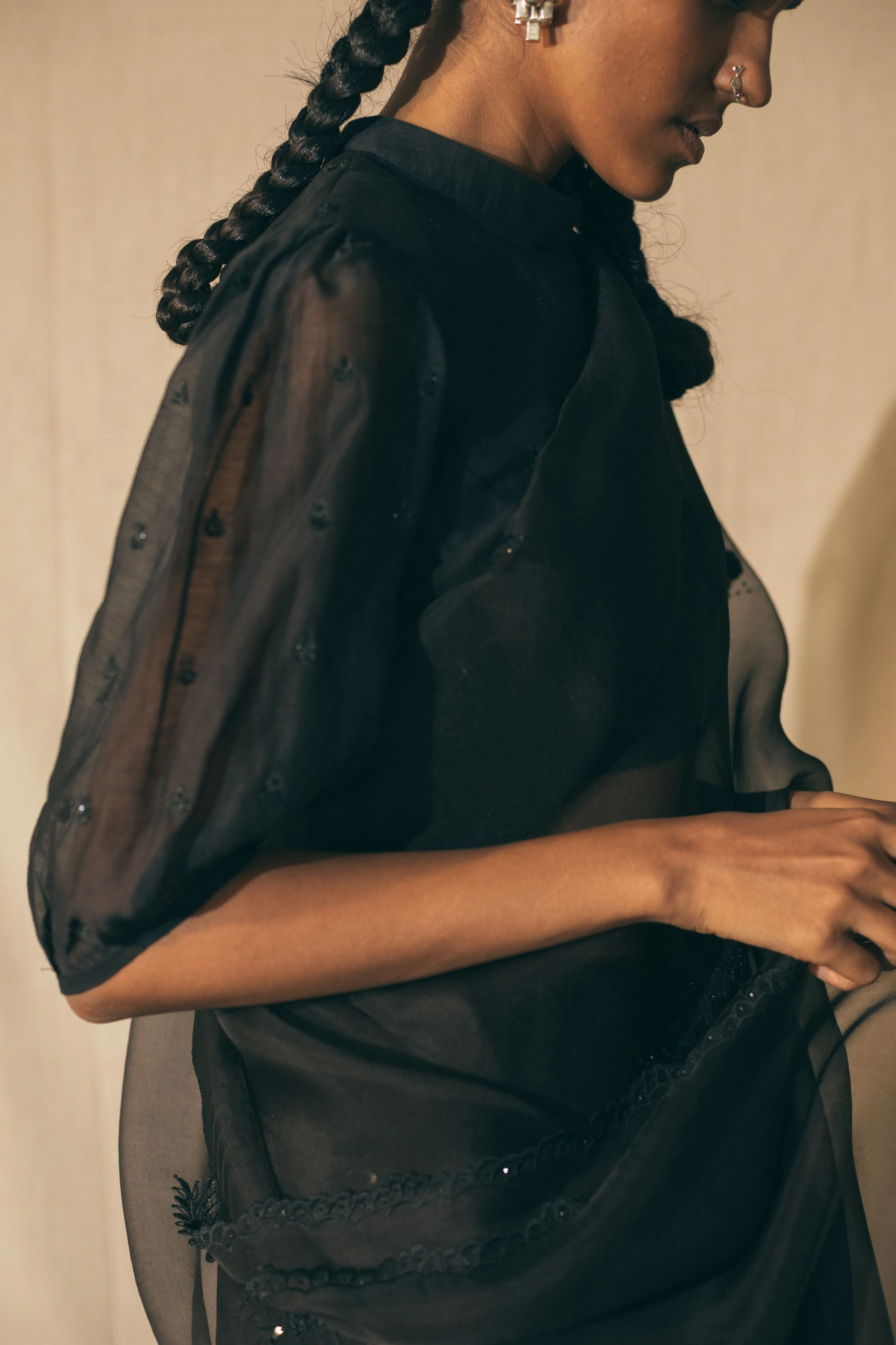 Sarang Kaur Greektown Black Peacock Cutwork saree Organza silk Blouse piece Chanderi silk Ektaar SK01279