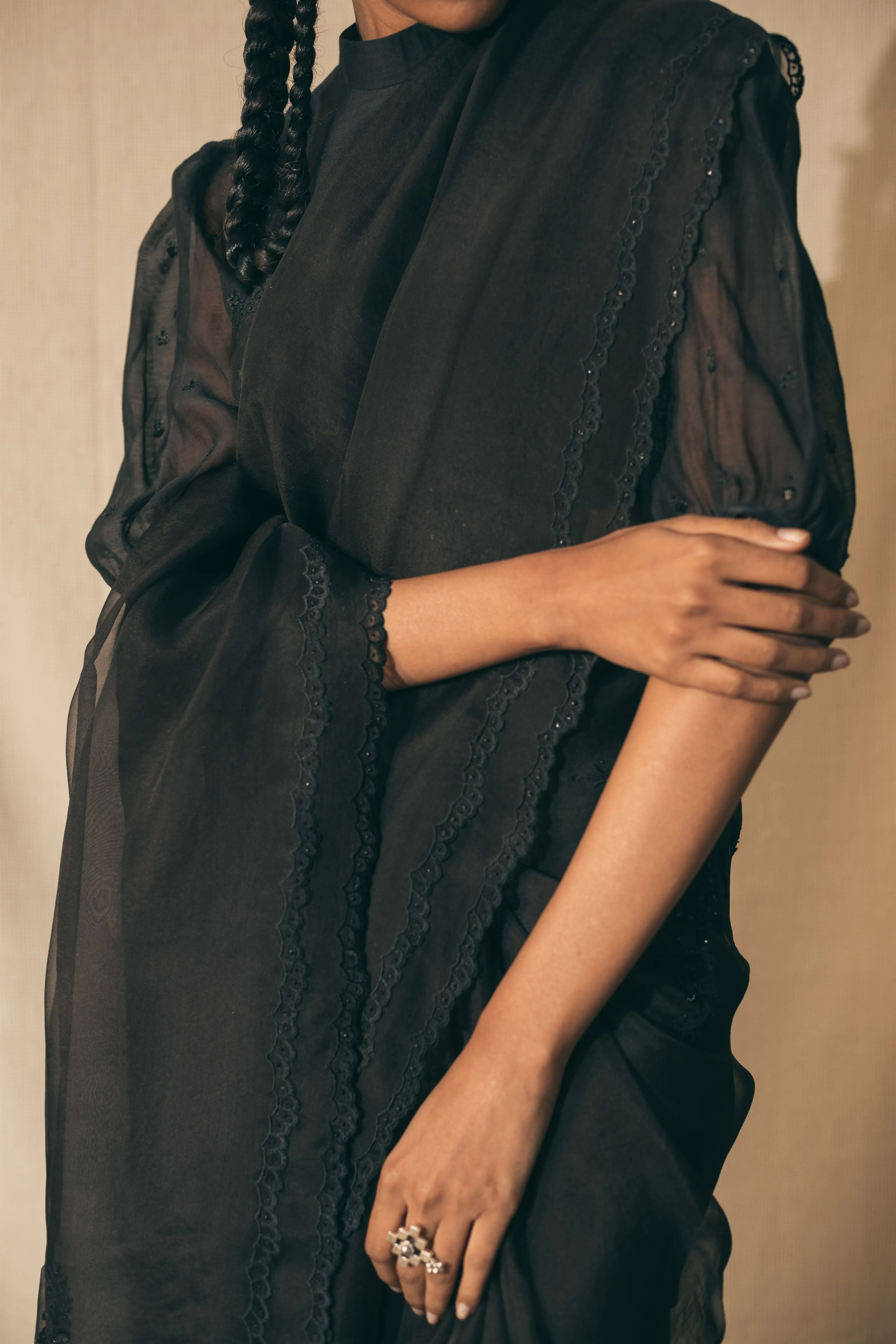 Sarang Kaur Greektown Black Peacock Cutwork saree Organza silk Blouse piece Chanderi silk Ektaar SK01279