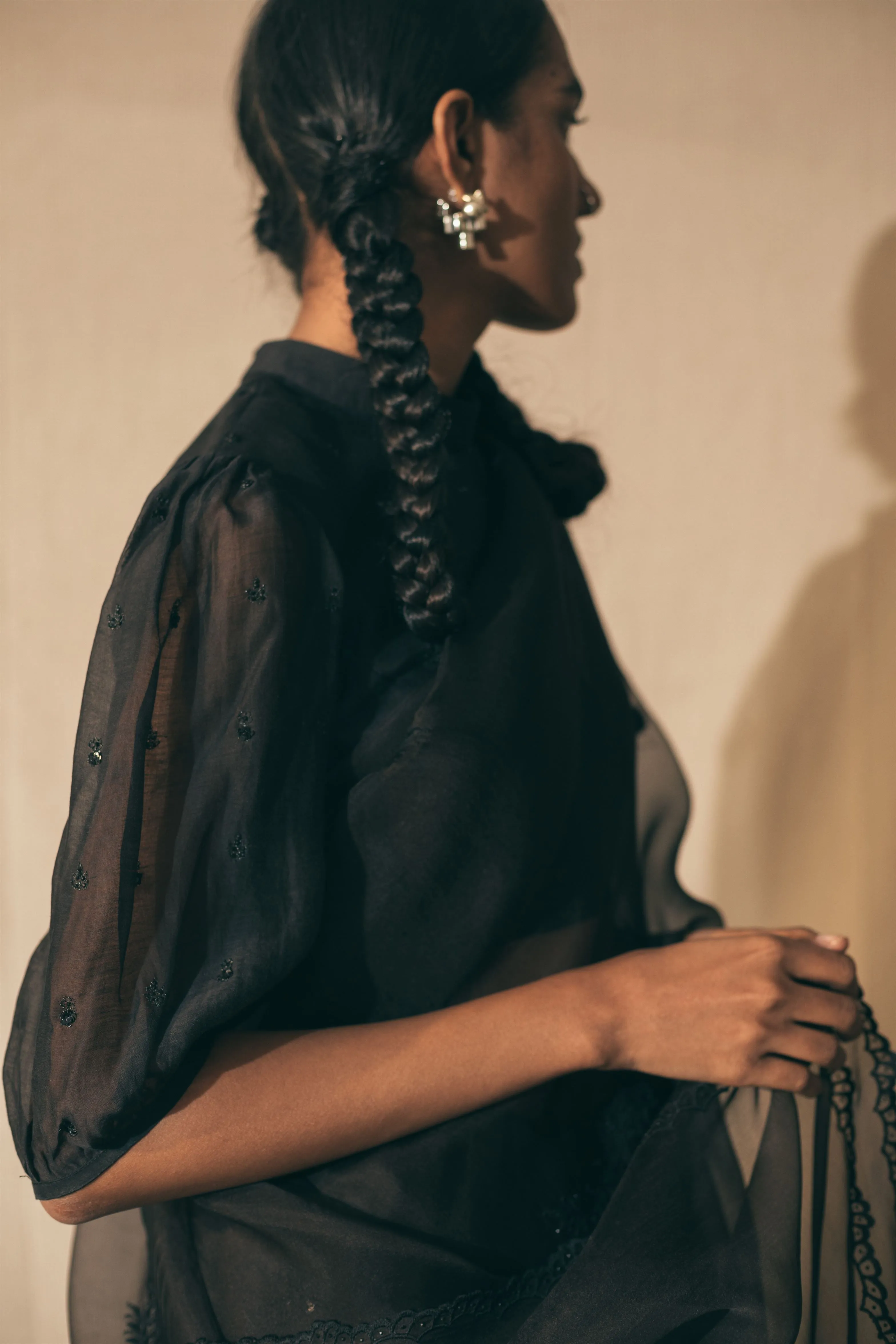 Sarang Kaur Greektown Black Peacock Cutwork saree Organza silk Blouse piece Chanderi silk Ektaar SK01279