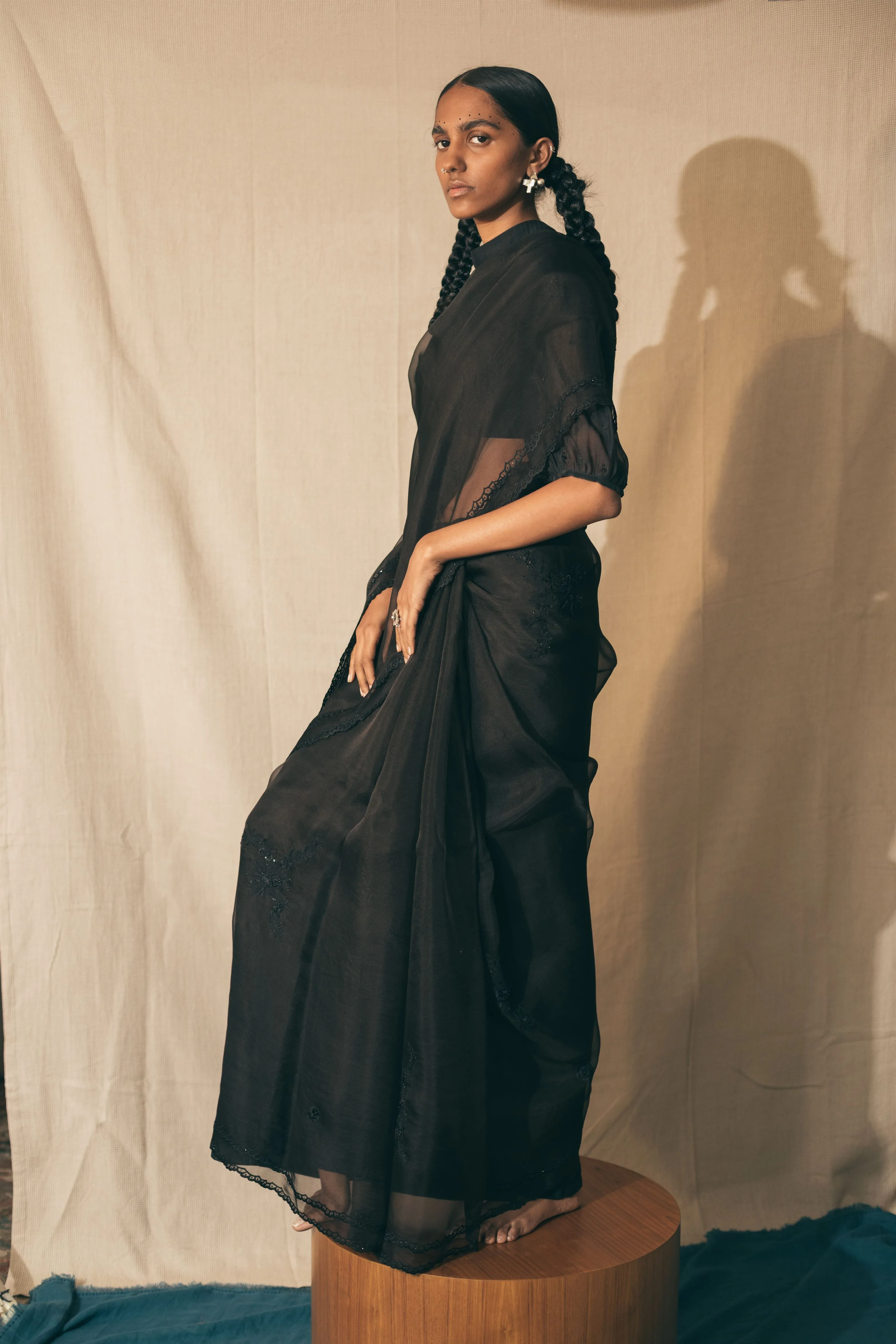Sarang Kaur Greektown Black Peacock Cutwork saree Organza silk Blouse piece Chanderi silk Ektaar SK01279