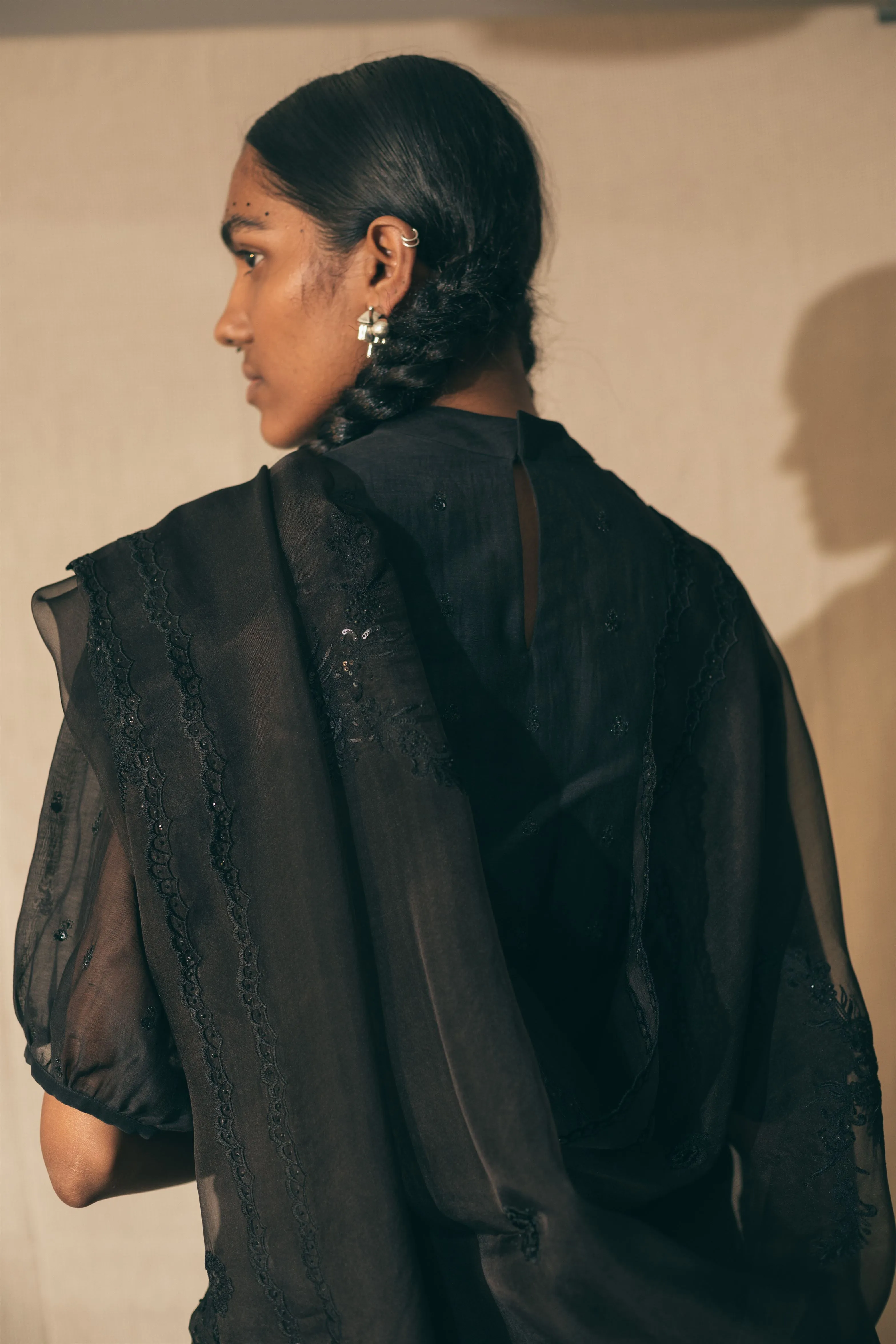 Sarang Kaur Greektown Black Peacock Cutwork saree Organza silk Blouse piece Chanderi silk Ektaar SK01279