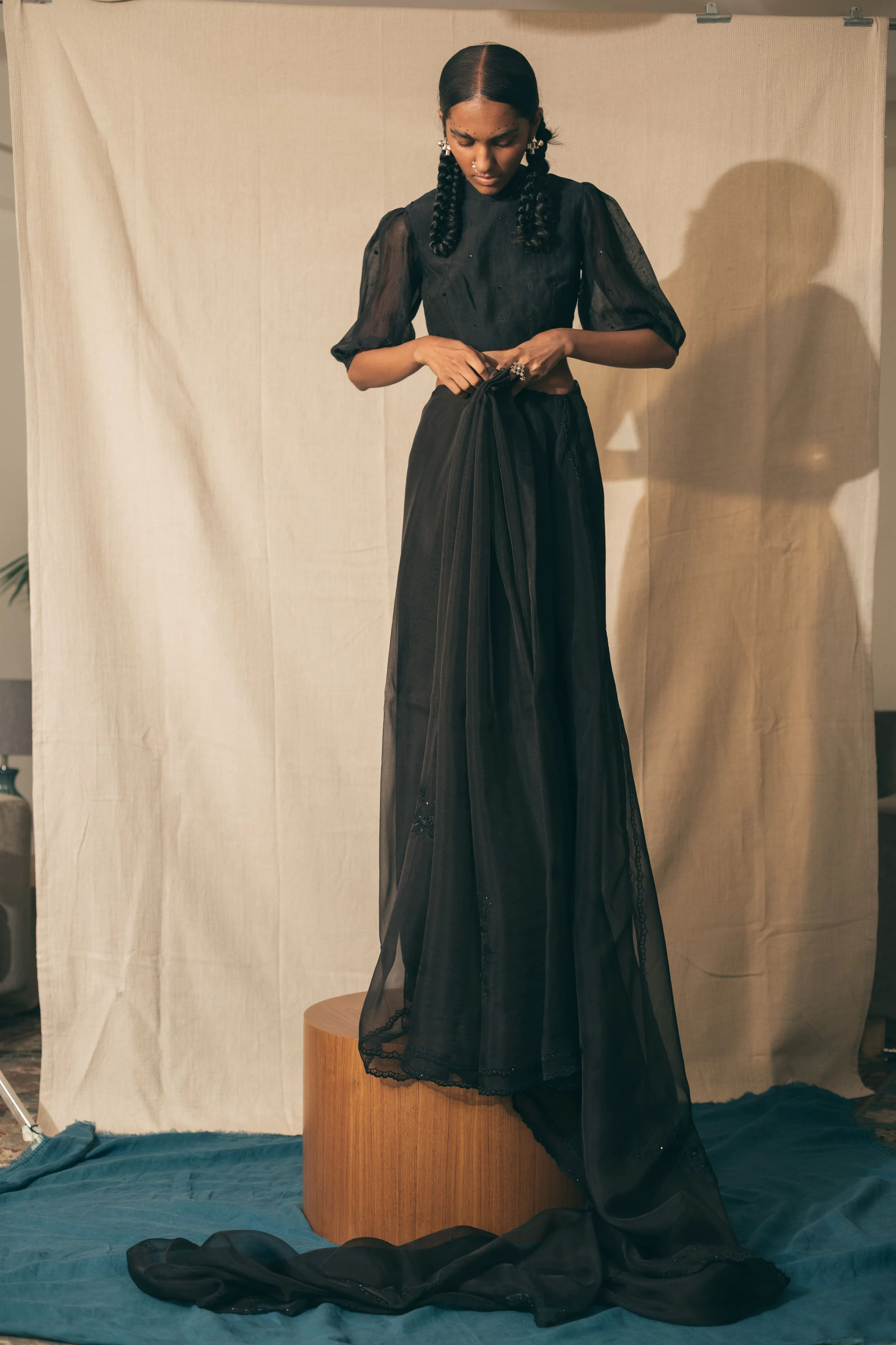 Sarang Kaur Greektown Black Peacock Cutwork saree Organza silk Blouse piece Chanderi silk Ektaar SK01279