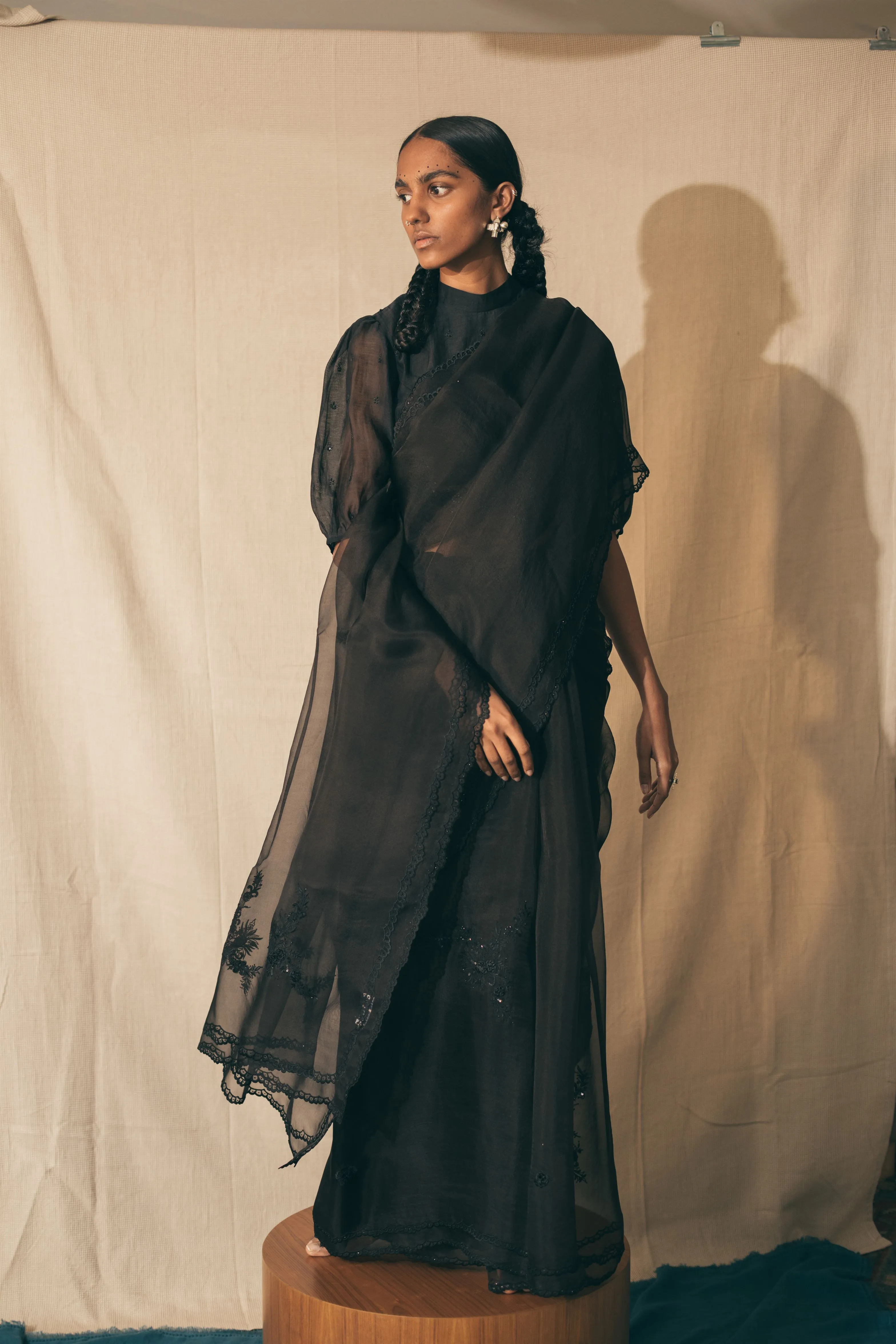 Sarang Kaur Greektown Black Peacock Cutwork saree Organza silk Blouse piece Chanderi silk Ektaar SK01279