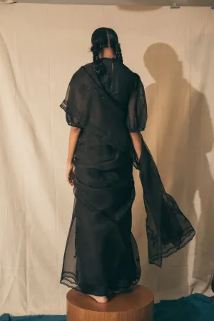 Sarang Kaur Greektown Black Peacock Cutwork saree Organza silk Blouse piece Chanderi silk Ektaar SK01279
