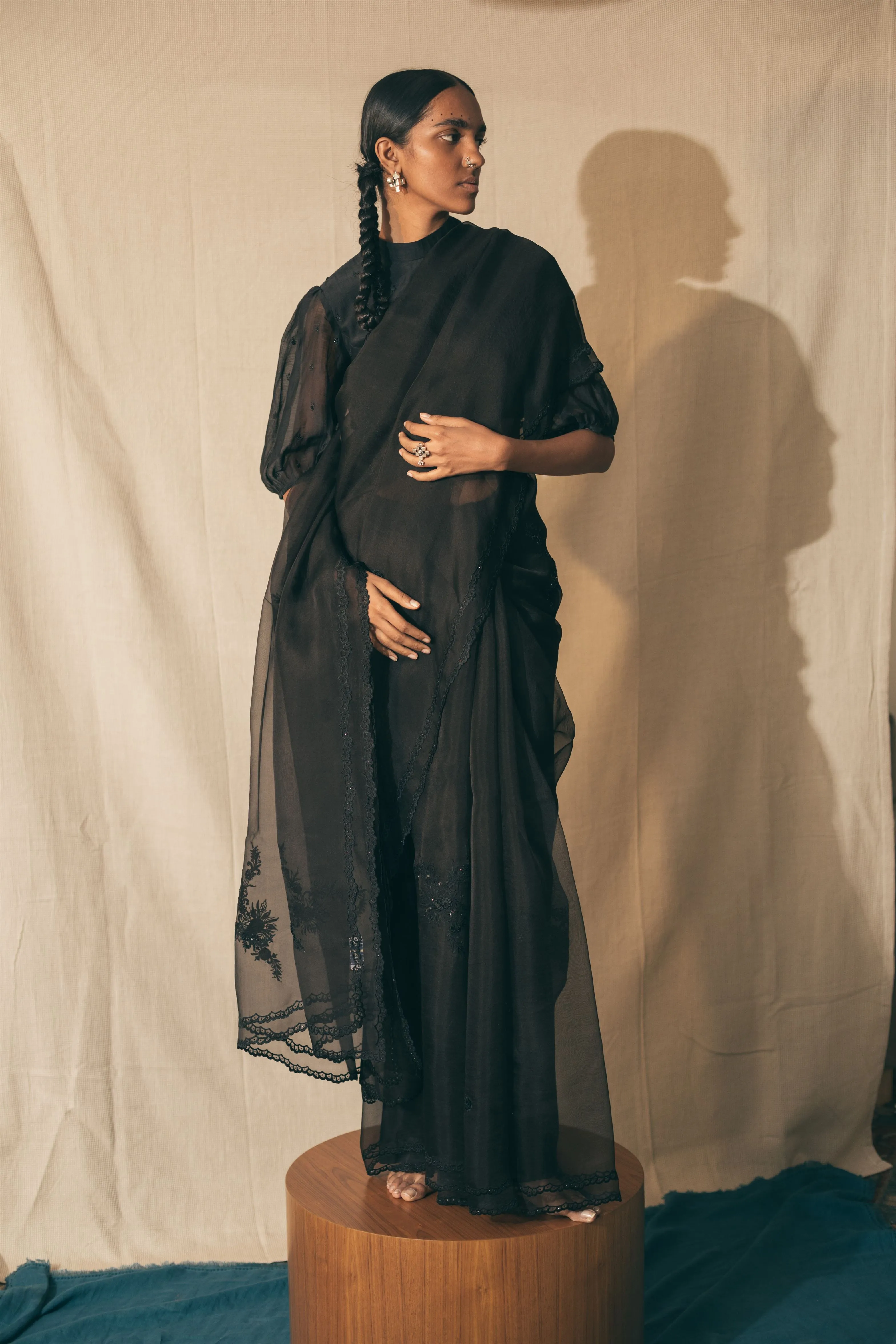 Sarang Kaur Greektown Black Peacock Cutwork saree Organza silk Blouse piece Chanderi silk Ektaar SK01279