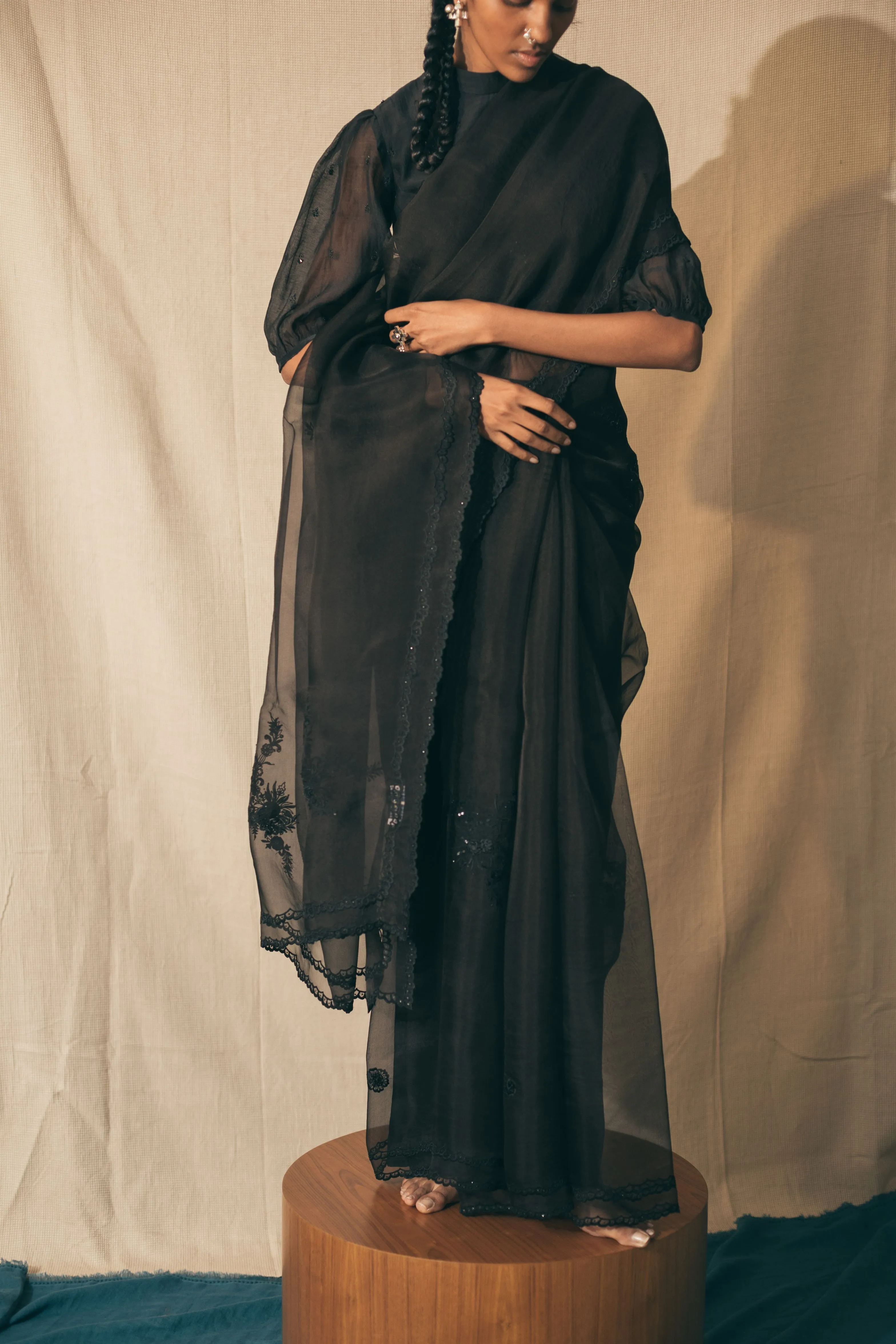 Sarang Kaur Greektown Black Peacock Cutwork saree Organza silk Blouse piece Chanderi silk Ektaar SK01279