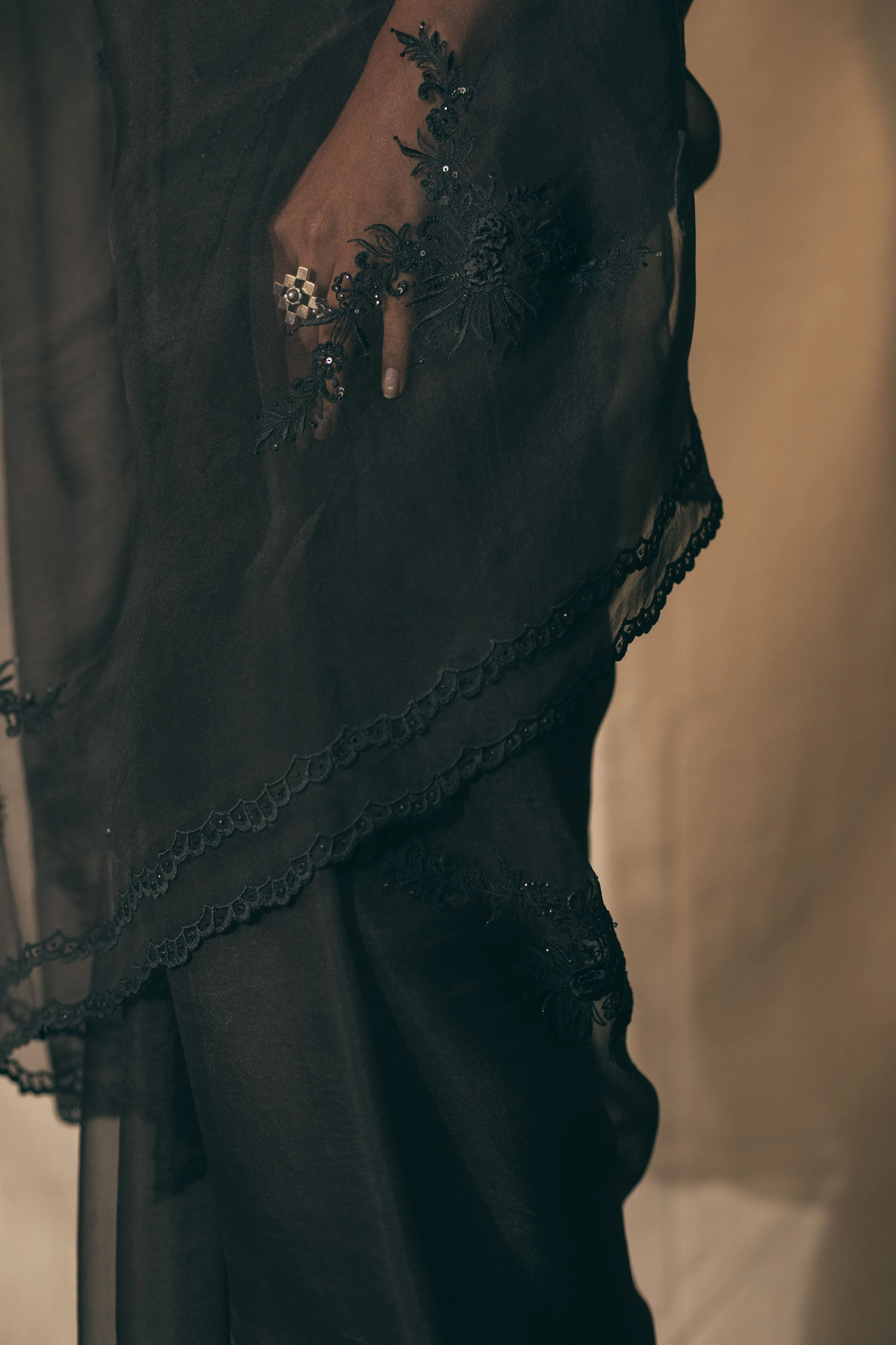 Sarang Kaur Greektown Black Peacock Cutwork saree Organza silk Blouse piece Chanderi silk Ektaar SK01279