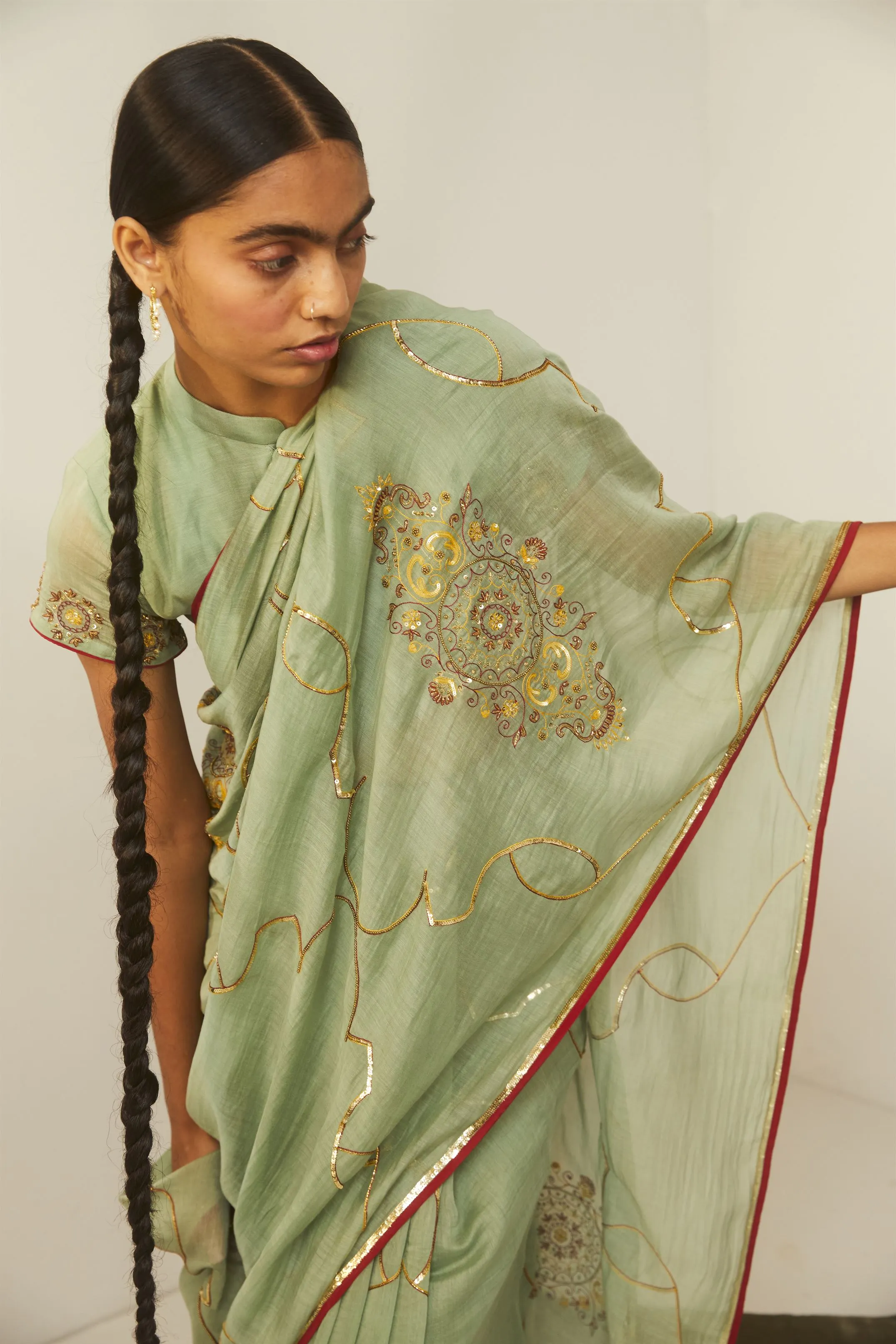 Sarang Kaur Hoggs Sea Green Meenakshi saree Chanderi silk Blouse piece Chanderi silk Bareeki SK01207