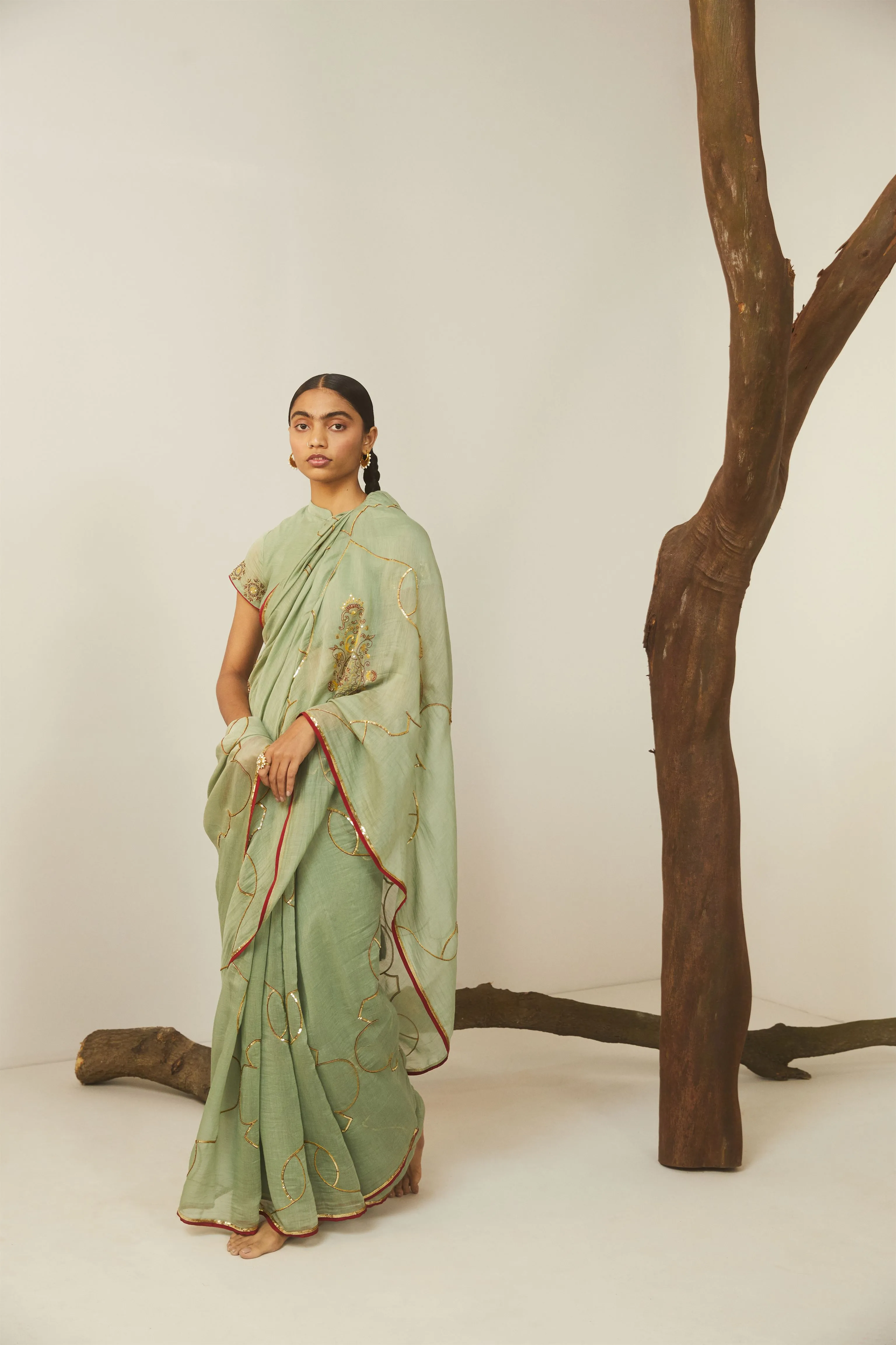 Sarang Kaur Hoggs Sea Green Meenakshi saree Chanderi silk Blouse piece Chanderi silk Bareeki SK01207