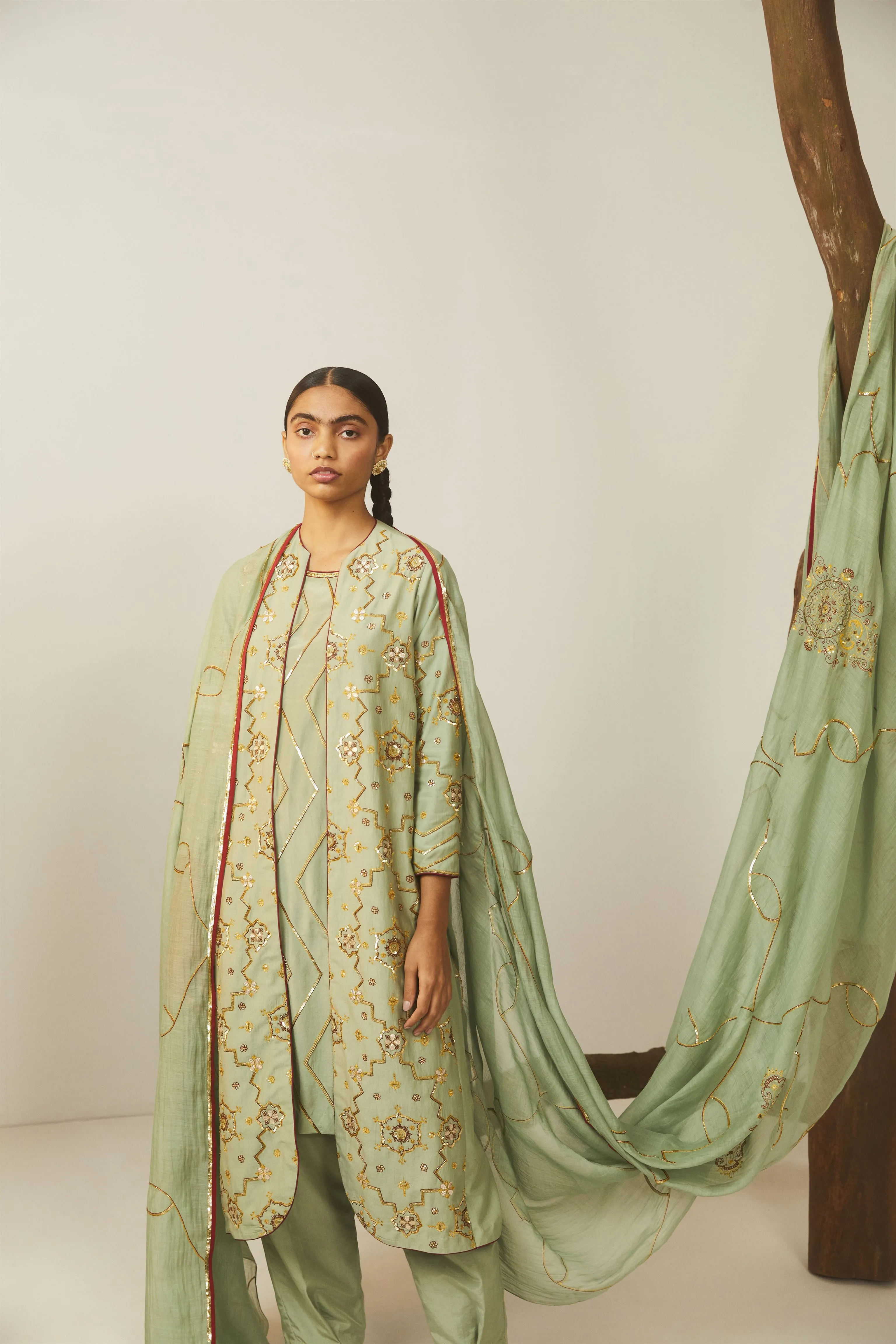 Sarang Kaur Hoggs Sea Green Meenakshi saree Chanderi silk Blouse piece Chanderi silk Bareeki SK01207