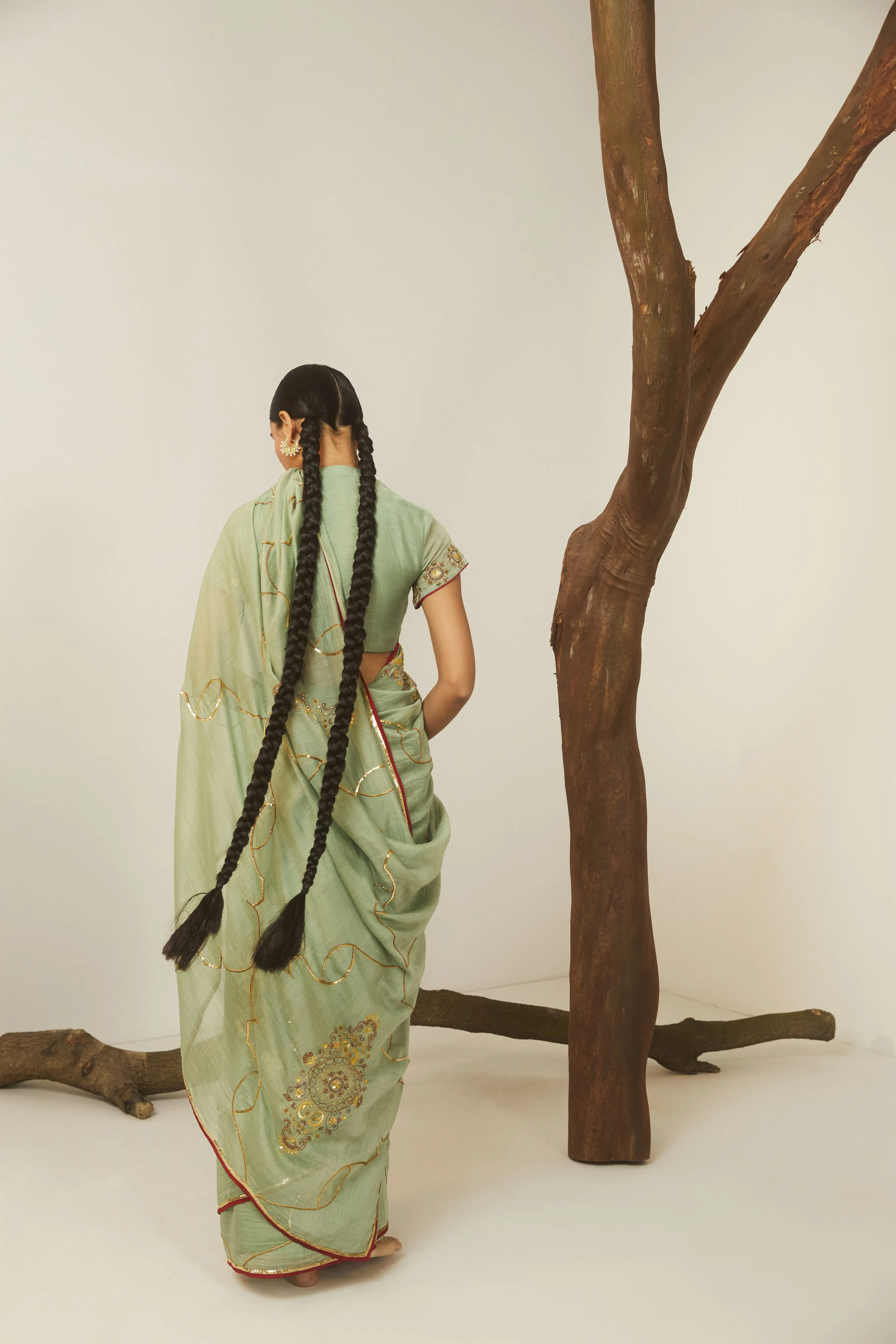 Sarang Kaur Hoggs Sea Green Meenakshi saree Chanderi silk Blouse piece Chanderi silk Bareeki SK01207