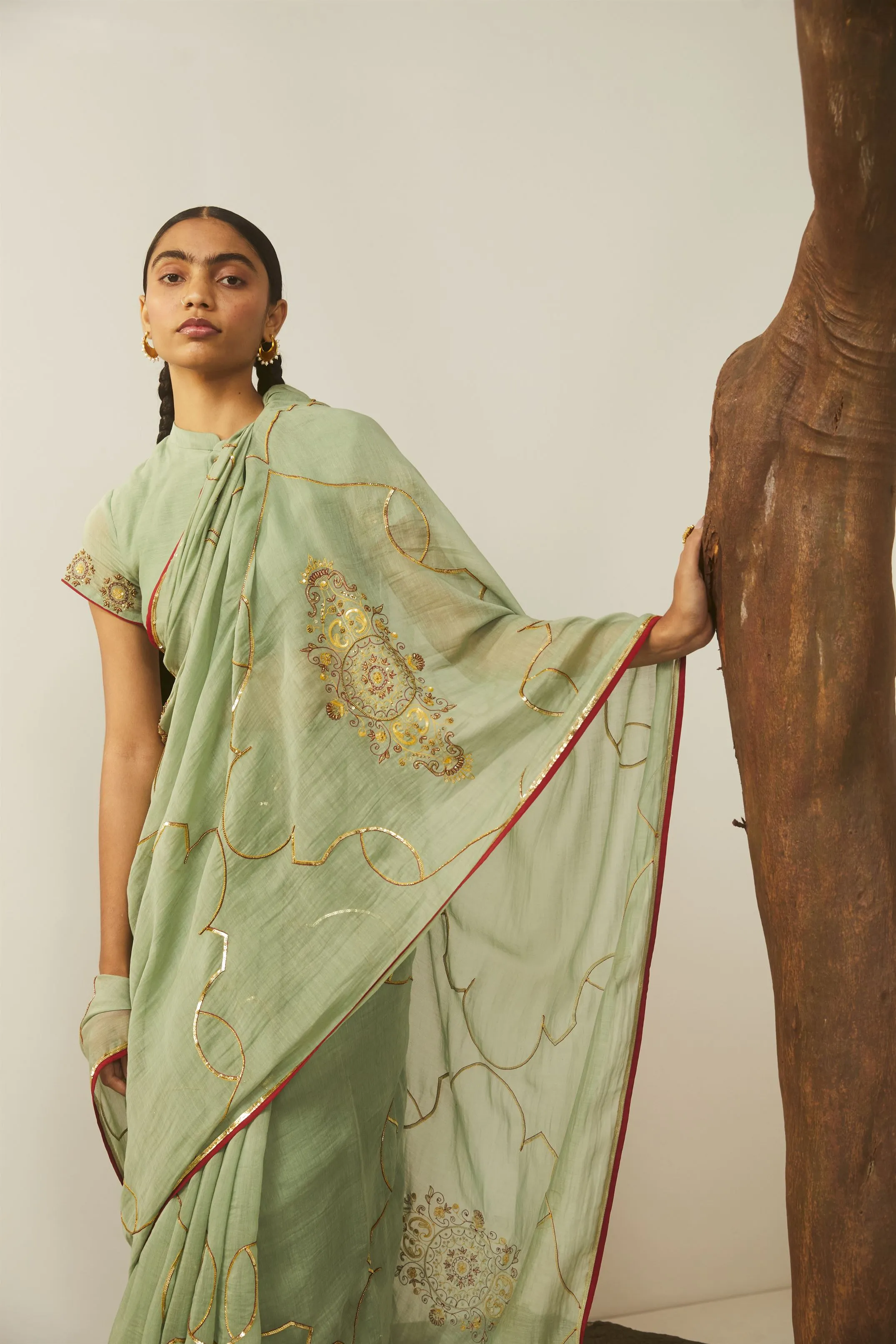 Sarang Kaur Hoggs Sea Green Meenakshi saree Chanderi silk Blouse piece Chanderi silk Bareeki SK01207