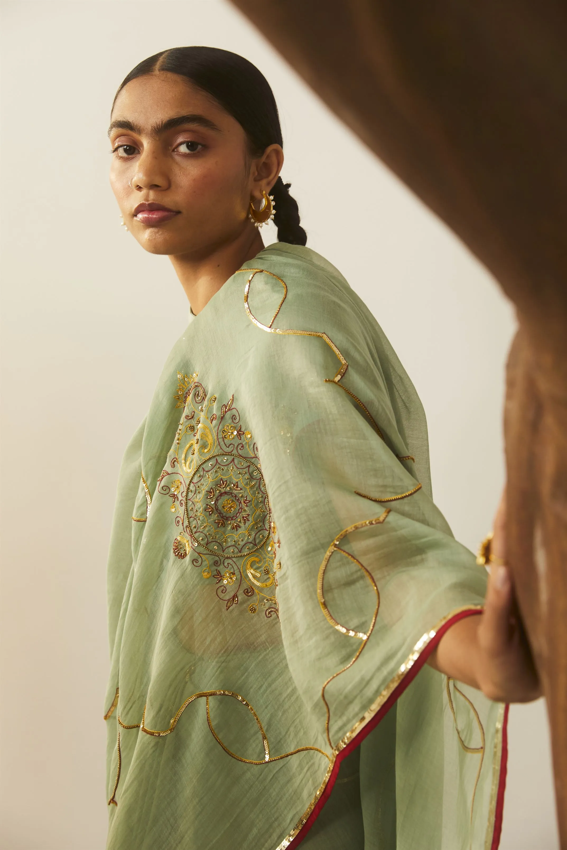 Sarang Kaur Hoggs Sea Green Meenakshi saree Chanderi silk Blouse piece Chanderi silk Bareeki SK01207